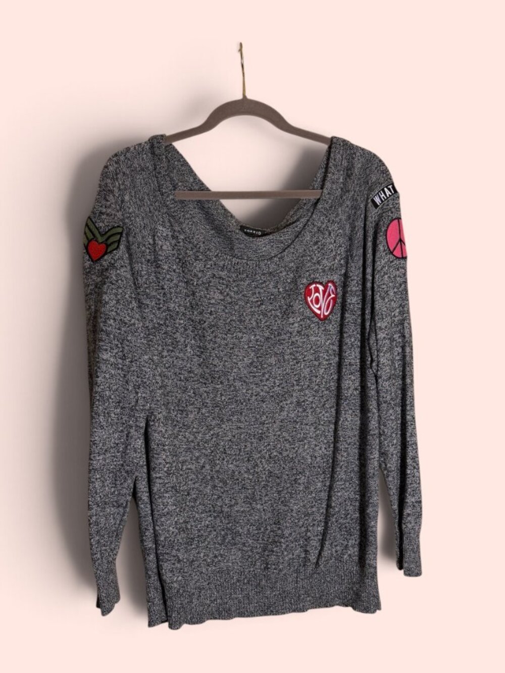 VTG Torrid Black & Gray Marble Knit Y2K Red & Pink Patches Sweater Sz 2X